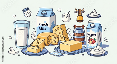 A colorful vector illustration of dairy products and milk items on a plain background
