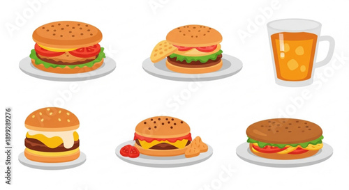 A vector graphic illustration of various burgers and a mug of iced tea on a clean white background