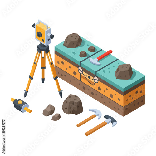 Theodolite Survey Equipment with Rocks and Tools.
