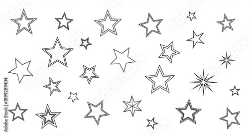 A minimalist vector graphic illustration of various star shapes in a scattered arrangement