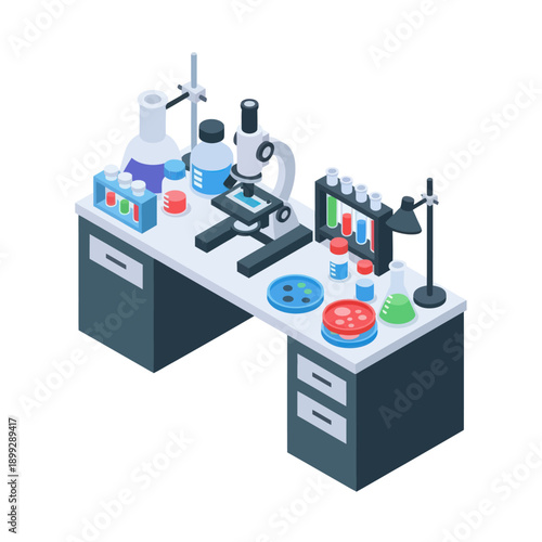 Laboratory Equipment on Workbenches in Science Lab.