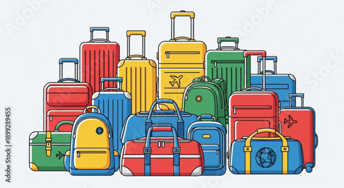 A colorful illustration of various luggage and travel bags stacked together