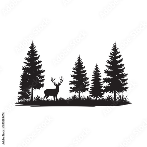 A striking black silhouette of a majestic stag amidst a dense forest landscape