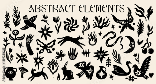Abstract cutout shapes design elements set with vector illustration of different types of magical animals,  exotic flowers, funky plants, whimsical silhouettes, decorative stickers