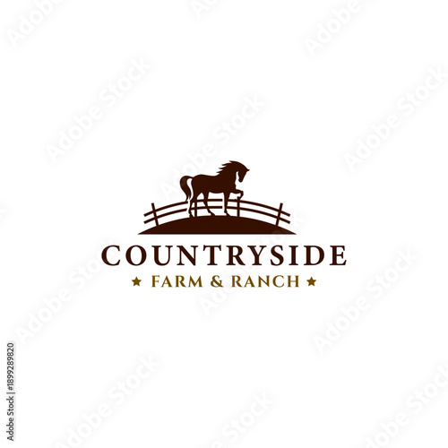 Horse silhouette behind wooden fence paddock for vintage retro rustic countryside western country logo design