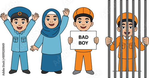 Children Behavior Outline Illustration Set  Good Kids and Misbehaving Boy