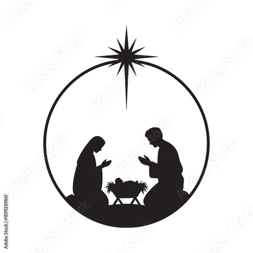 Nativity scene illustration mary joseph and baby jesus within a circular halo