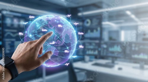 logistics. Hand interacting with 3D hologram globe showing global AI agent network. supply chain management concept. designed for technology and shipping brochures.