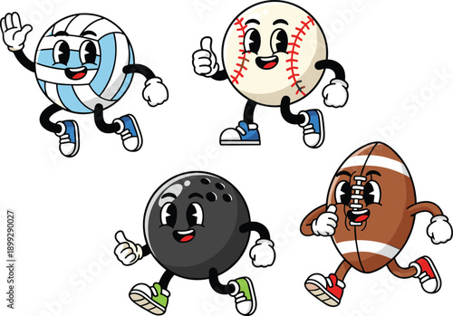 Running Sports Ball Mascot Characters Including Volleyball Baseball Bowling And American Football In Energetic Cartoon Vector Style
