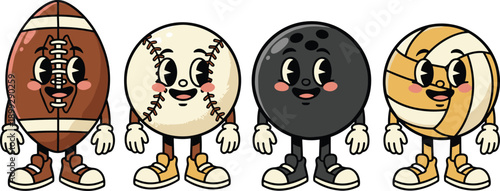 Cute Sports Ball Mascot Character Set Featuring American Football Baseball Bowling Ball And Volleyball In Cartoon Vector Style