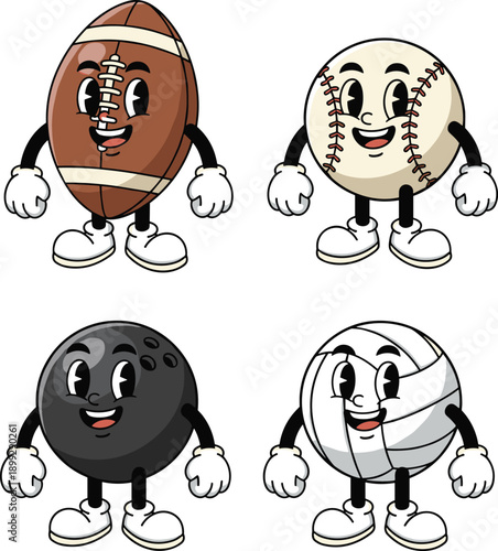 Cute Standing Sports Ball Mascot Set With Football Baseball Bowling And Volleyball Characters In Cartoon Vector Illustration