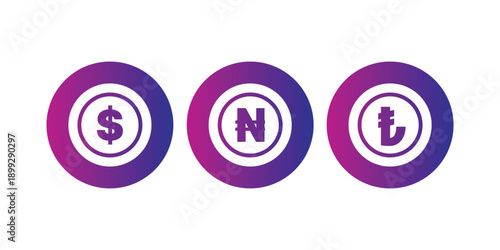 Global Currency Icon Set - US Dollar, Nigerian Naira, and Turkish Lira