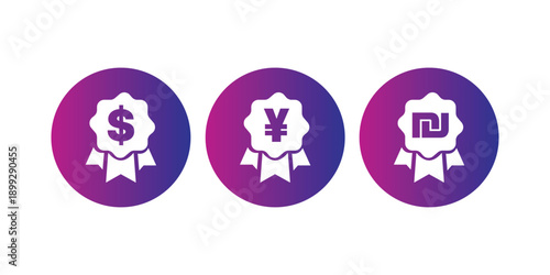Set of currency medal icons with dollar, yen, and shekel symbols on purple gradient circles.