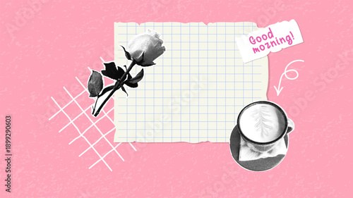 A cozy morning with coffee and a rose. A trendy halftone collage. Monochrome elements. A collage of torn paper, a coffee cup, and a half-bloomed rose.