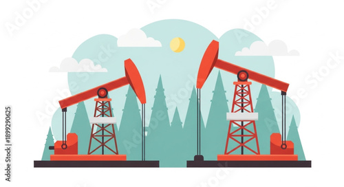 Two oil pump jacks in a forest landscape illustration.