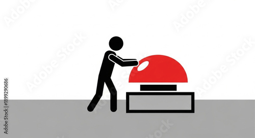 Stick figure pushing a large red button.