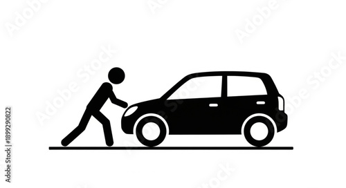 Stick Figure Pushing Car Silhouette.
