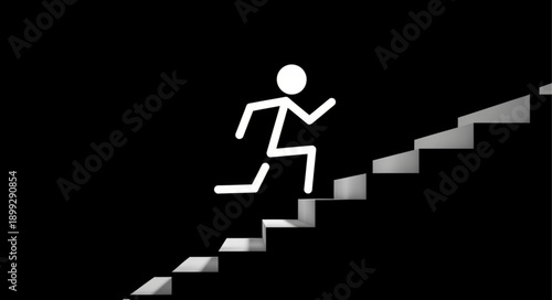 Stick figure running up stairs in dark background.