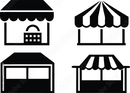 Four different market stalls icons representing various small business stands, kiosks, and retail points for commerce, trade, and public events silhouette vector