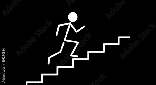 Stick figure running up stairs on black background.