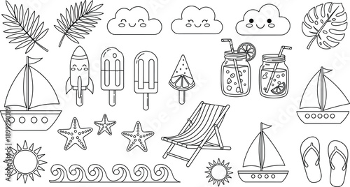 Cute Summer Beach Doodle Icon Set With Boats Ice Cream Drinks Waves Chairs And Tropical Elements In Outline Vector Style