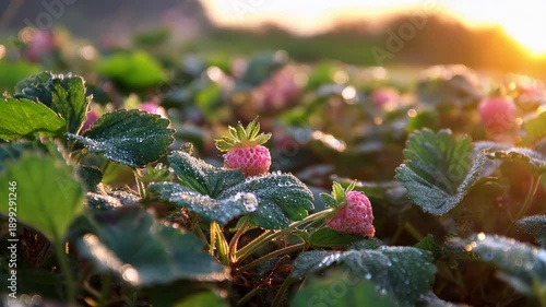 Strawberries grow in sunlight with dew on plants in a field during early morning hours in spring