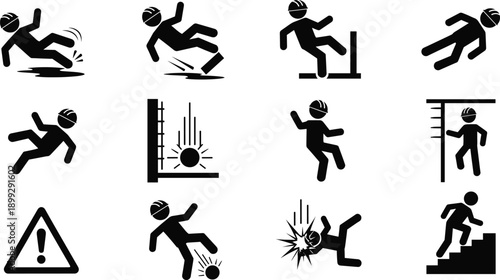 Workplace Accident Pictogram Set Showing Falling Slipping Crushing Warning And Injury Scenarios In Black Safety Vector Icons
