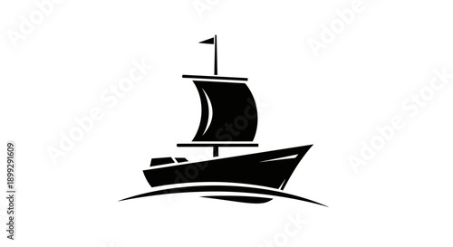 Vector illustration of a nautical sailing ship silhouette isolated on white for ocean travel and pirate adventure design