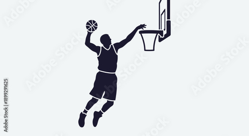 Black vector illustration of a female basketball player silhouette in an athletic jumping action with a ball among various sports people including a running soccer athlete and dancing person