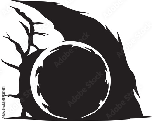 Dark fantasy mysterious portal vector silhouette illustration barren tree spooky nature design element