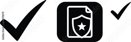 Check mark and secure document icons set featuring approval, verification, protection, and trusted file validation concepts design