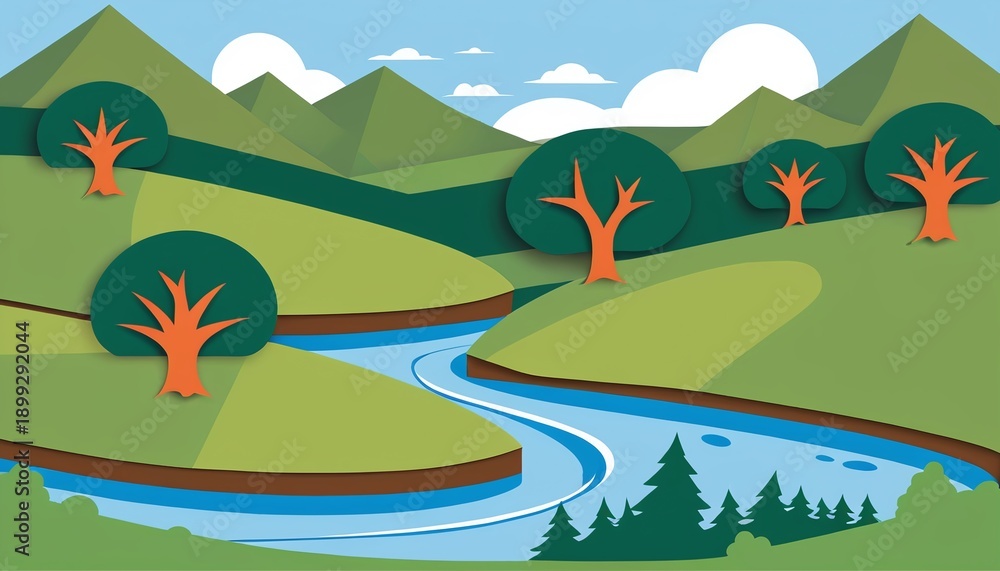 Obraz premium Layered green hills with river and orange trees under blue sky with clouds