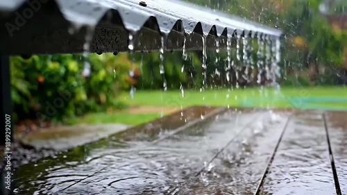 Gentle rain falling on a corrugated metal roof with water droplets forming and dripping, with a blurred green background.