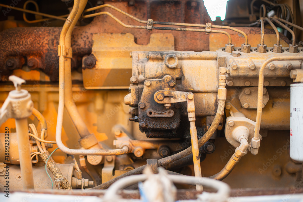 Fototapeta premium Engine components industrial site mechanical close-up workshop detailed view machinery insights