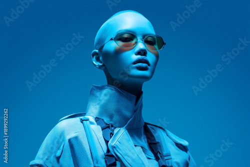 Futuristic android female portrait blue oval eyeglass tinted lens metallic jacket cyberpunk fashion, studio lighting, glossy skin, confident pose against minimal background