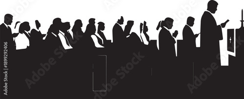 Vector church congregation illustration, people praying, silhouette, worship scene
