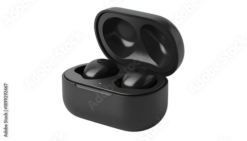 Black wireless earbuds with open charging case, isolated on black background