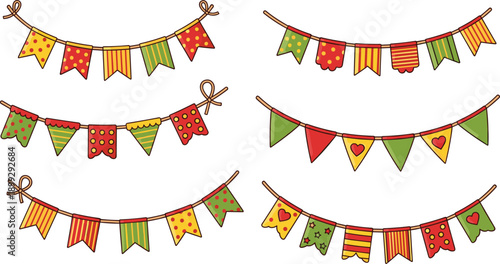 Cute Party Bunting Banner Set With Colorful Patterned Flags And Hanging Pennants For Celebration Vector Illustration