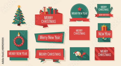 Christmas and New Year Holiday Flat Design Labels and Stickers Collection