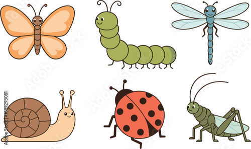 Simple cute cartoon garden insects and snail set with butterfly caterpillar dragonfly ladybug and grasshopper vector