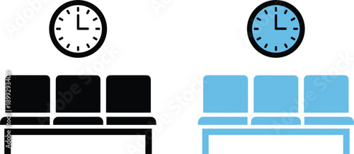 Waiting area seating icons set featuring chairs and wall clock for airport station lobby and public space concepts