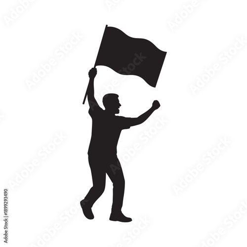 Silhouette of a person raising a black flag with arm outstretched