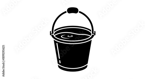 Black and white silhouette of a bucket filled with liquid, isolated on a white background, symbolizing water or cleaning.