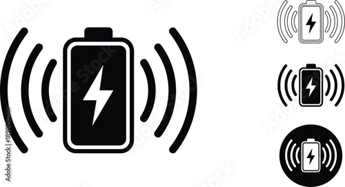 Wireless charging battery icons set featuring power signal waves for mobile devices energy technology concepts design vector