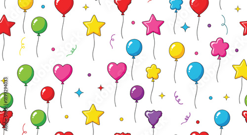 Colorful Party Balloon And Confetti Pattern Set With Hearts Stars And Shapes In Cute Cartoon Vector Illustration