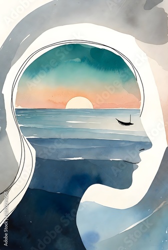 Abstract Landscape of a Human Head Profile with a Calm Ocean Inside.