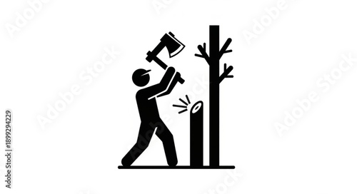 Woodcutter chopping tree with axe icon silhouette.
