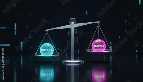 Economic balance of demand and supply concept with a glowing scale and futuristic digital background