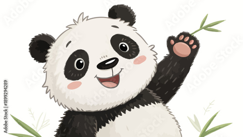 Cute panda bear holding bamboo leaf with happy expression