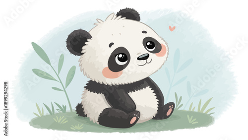 Cute panda bear sitting in grass with sweet expression
